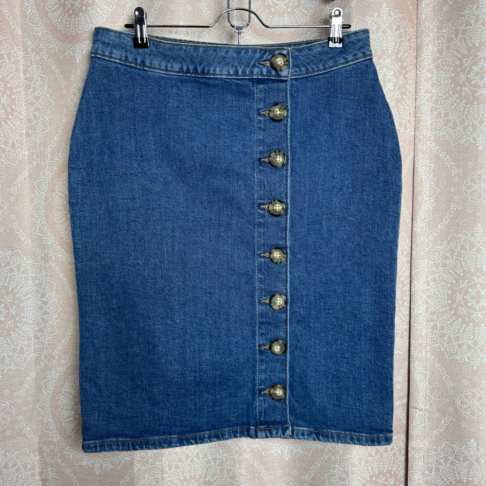 M Jeans Maurices Button Front Straight Pencil Blue Jean Denim Midi Skirt Size 12
